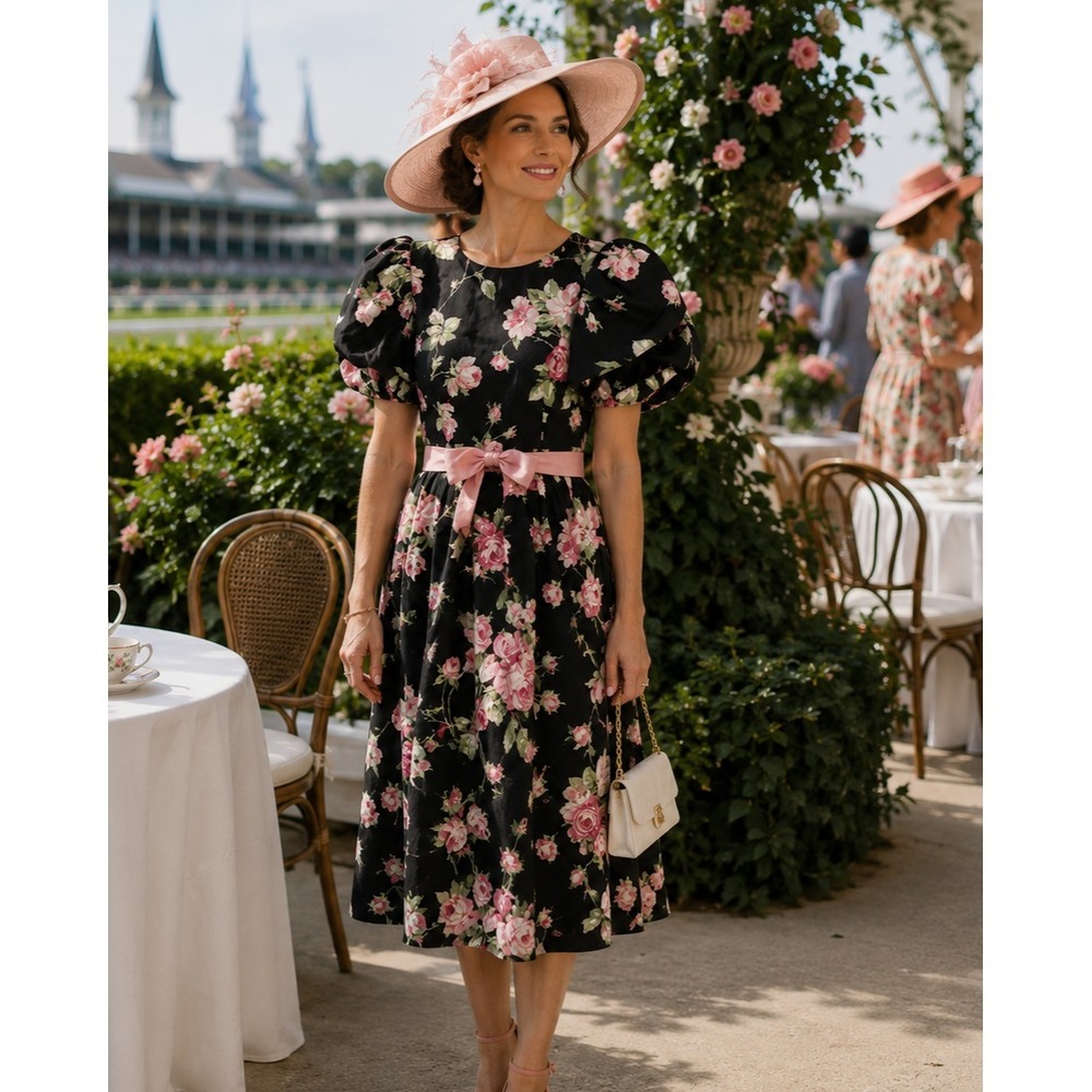 Vintage Lanz Originals Floral Midi Dress 14 Puff Sleeve Cottage Derby Garden NWT